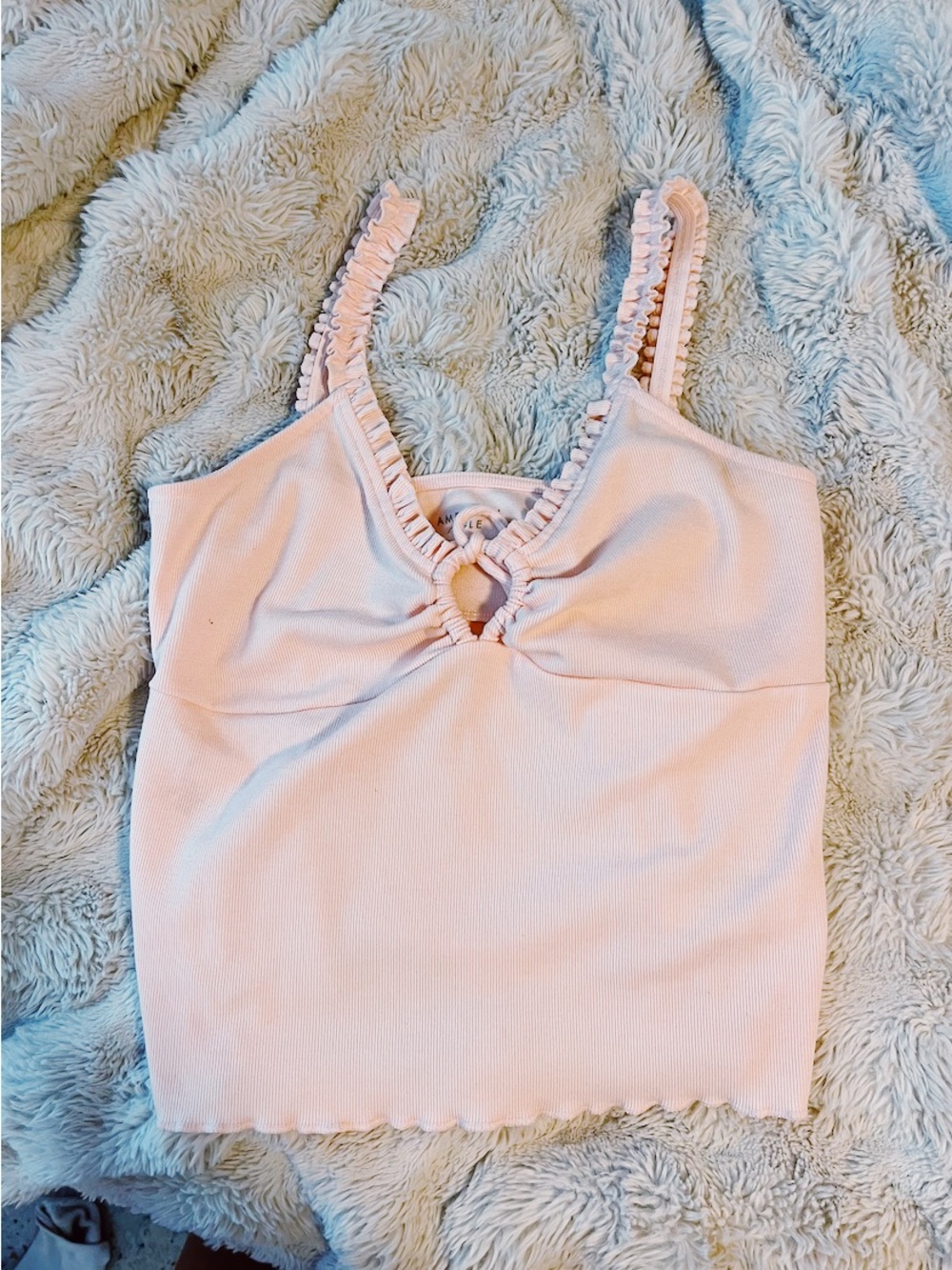 American Eagle Outfitters Light Pink Ruffle Trim Keyhole Tank